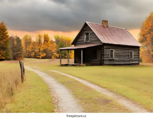 Rustic Log Cabin in Autumn Field With Winding Dirt Road