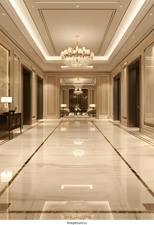 Luxury Hotel Lobby Interior Design With Marble Floor And Crystal Chandelier
