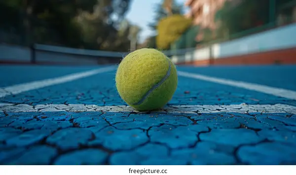 used tennis ball on blue cracked court surface close up