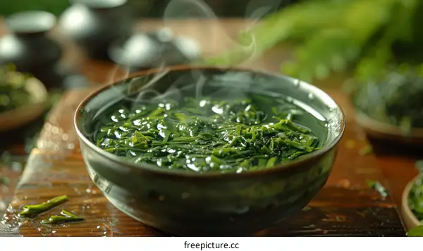 Green Tea Leaves in a Bowl with Steam Rising from It
