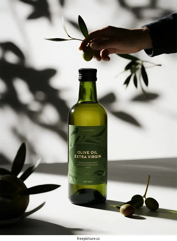 Fresh Green Olive Oil Bottle with Olives and Leaves on White
