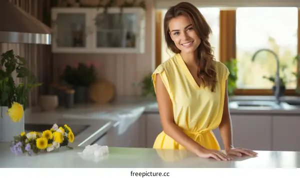 Portrait of a beautiful young woman in a yellow dress standing in a kitchen