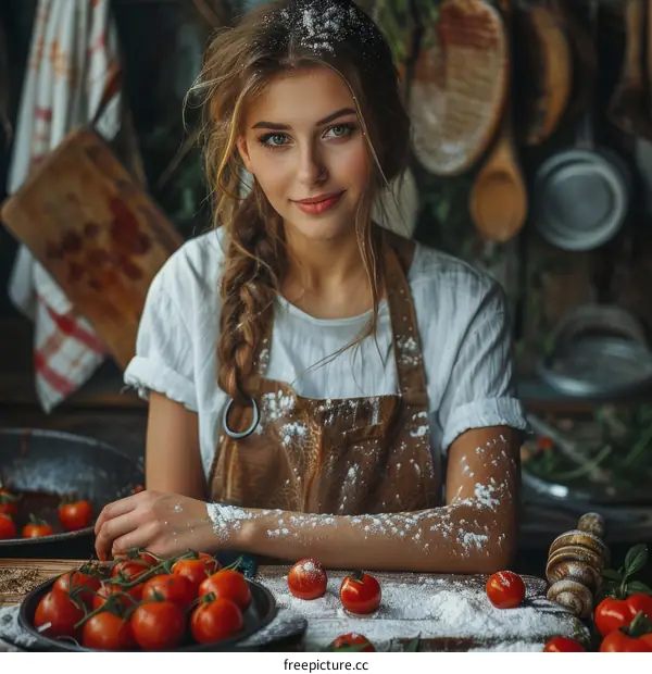 Young Woman Cooking with Tomatoes in Rustic Kitchen