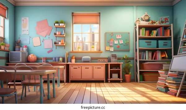 A classroom with a lot of supplies and a large window