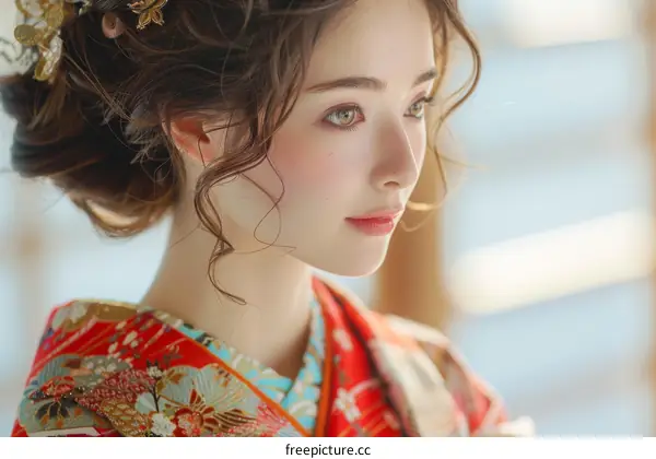 portrait of a beautiful woman in a red kimono