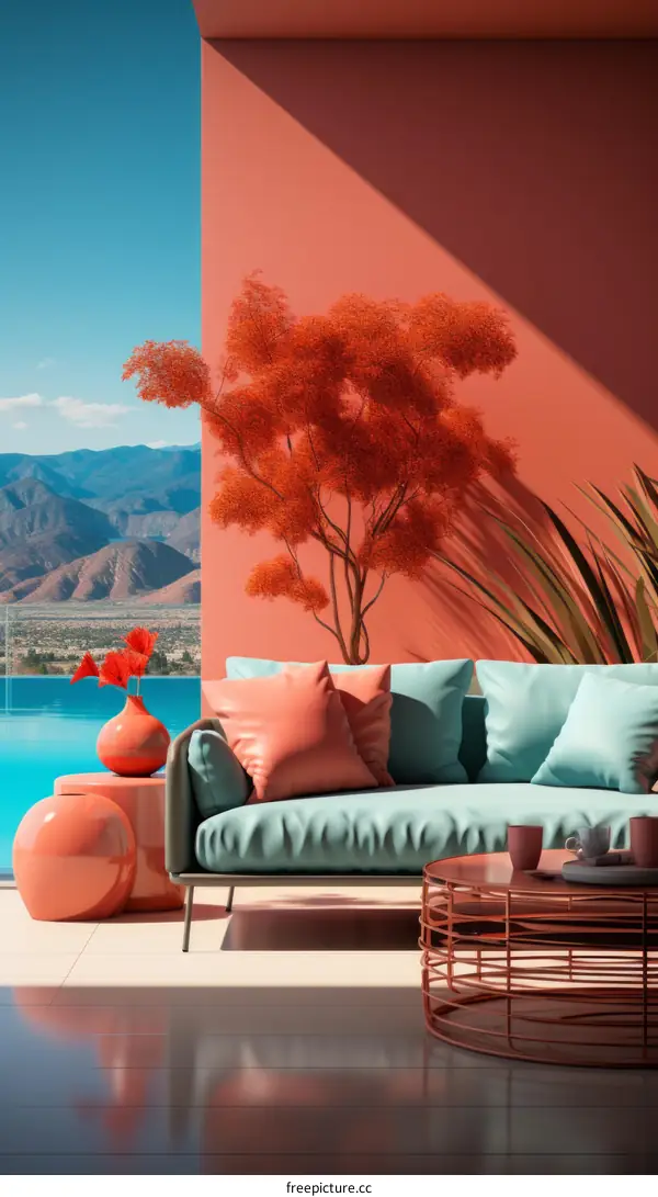 A tranquil outdoor living space overlooking a captivating mountain vista