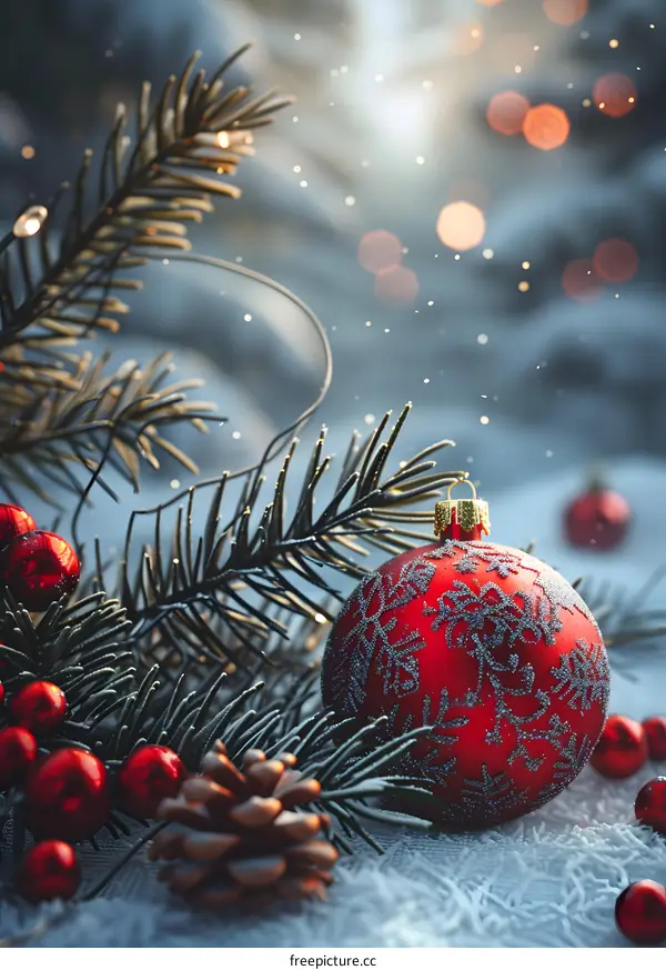 Christmas red ball and pine cone