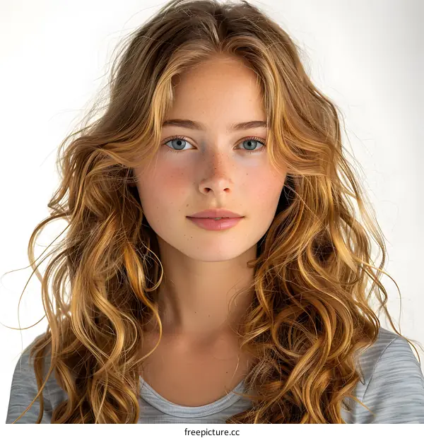 portrait of a young woman with freckles and blue eyes