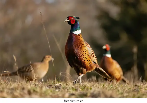 Colorful pheasants standing on a grassy field in natural environment