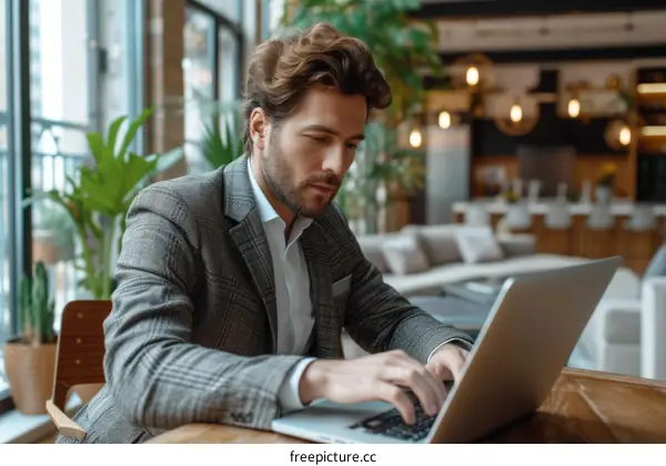 Businessman working on laptop in modern office space