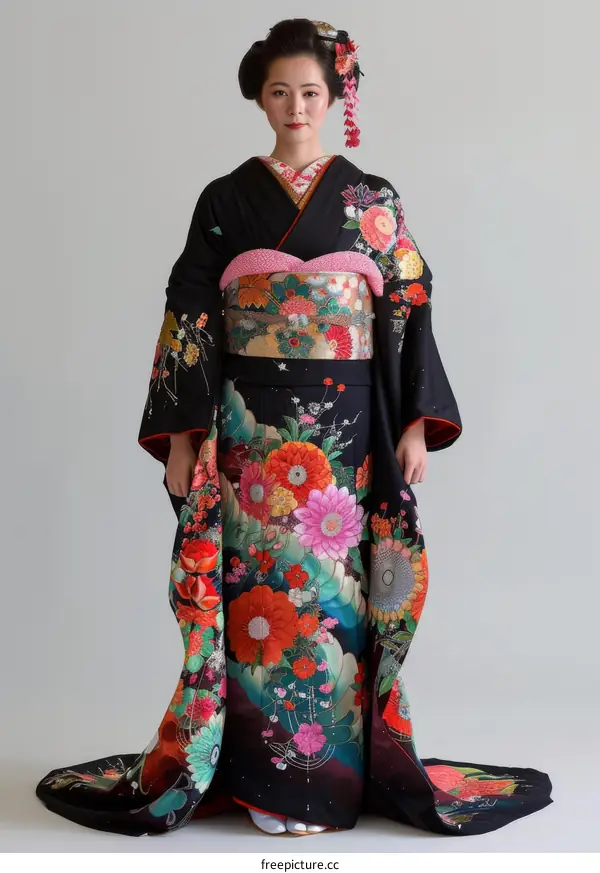 A woman wearing a black kimono with colorful floral patterns.