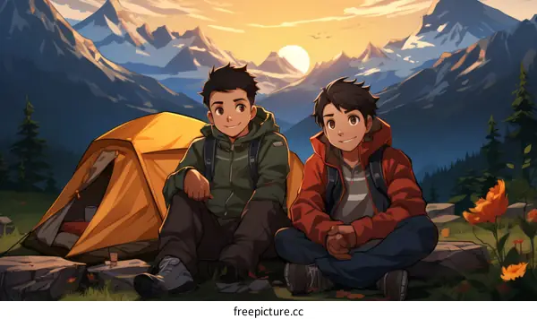 Two friends camping in the mountains