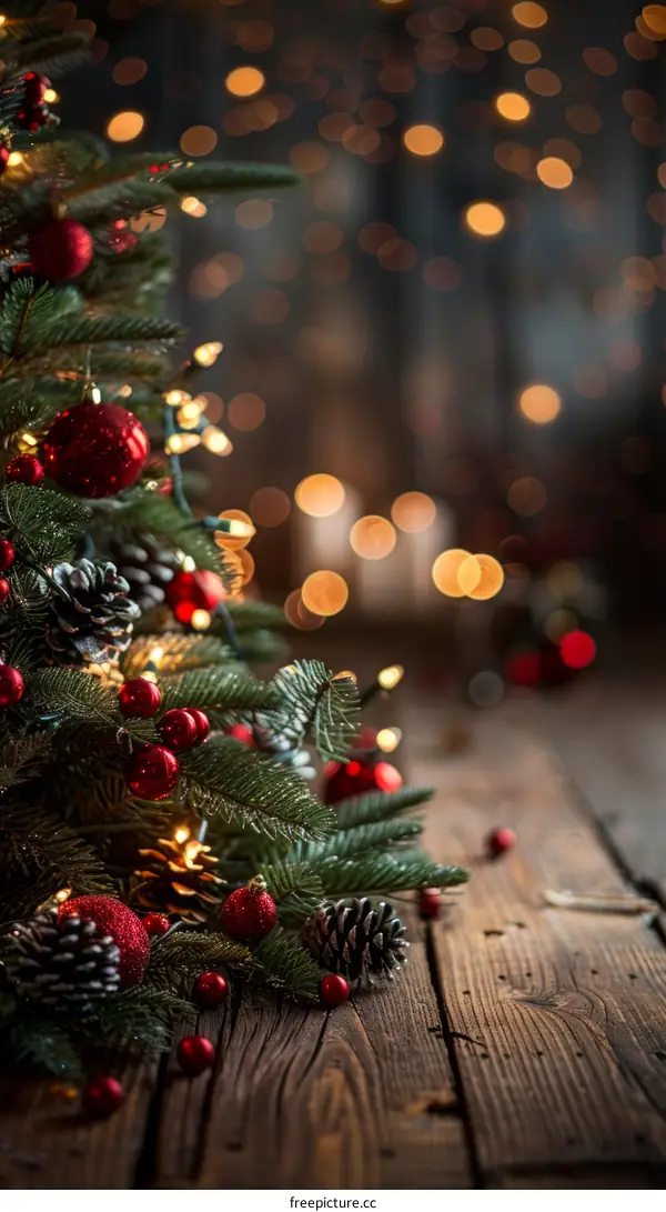 A beautifully decorated Christmas tree with red ornaments and pine cones