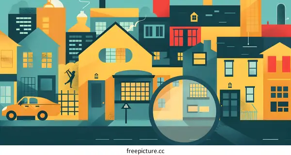 Magnifying Glass Over City Buildings Illustration