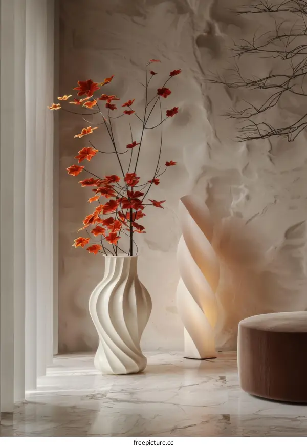 Modern minimalist interior with decorative flowers and a lamp