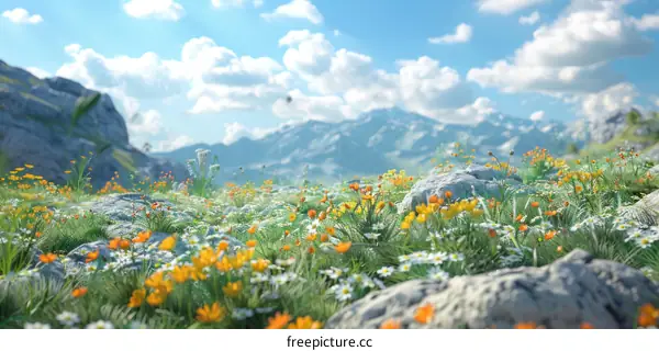 Alpine Meadow in Bloom with Distant Mountain Range