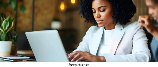 African American Woman Working on Laptop in Cafe