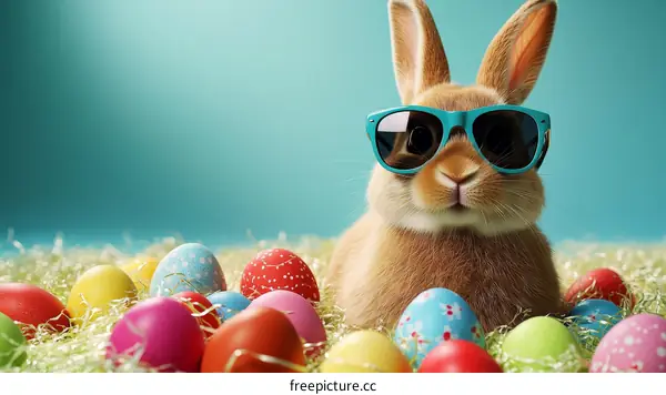 Easter Bunny with Sunglasses and Colorful Eggs
