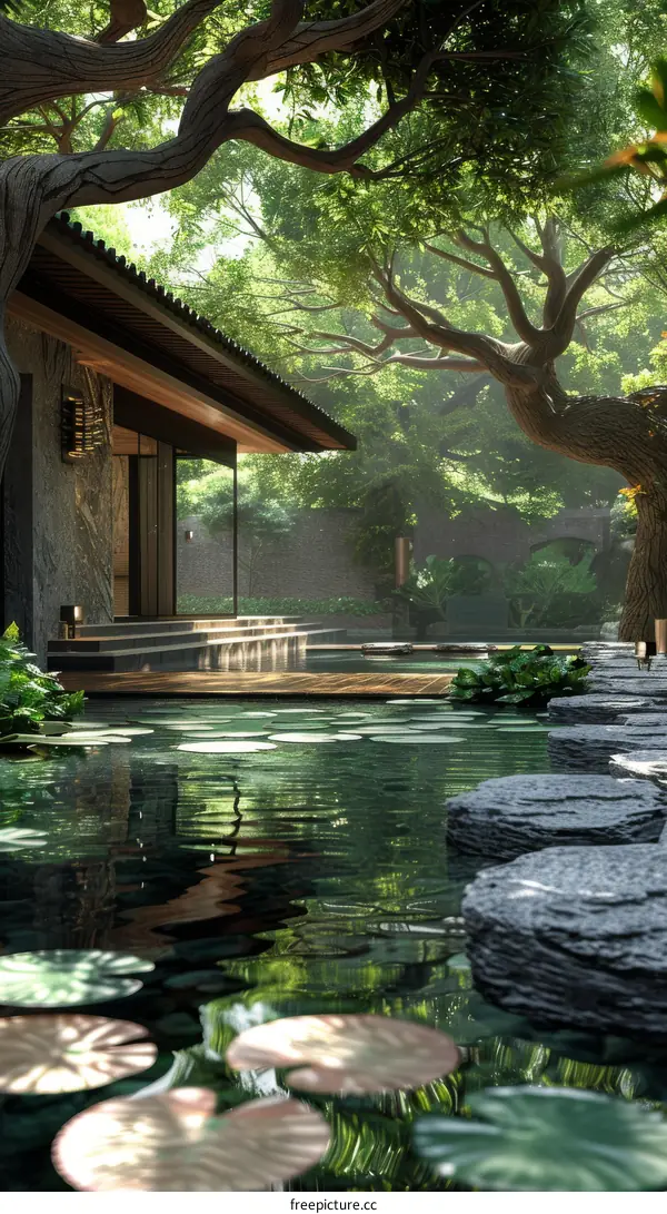 Modern House by the Pond with Surrounding Trees