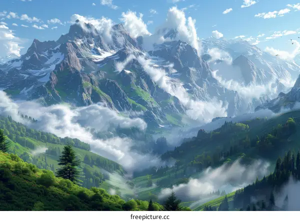 Majestic Mountain Range Enveloped in Clouds