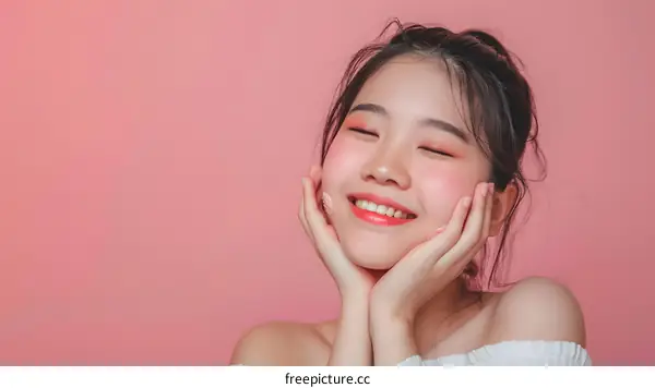 Happy Asian Woman Smiling with Closed Eyes Against Pink Background