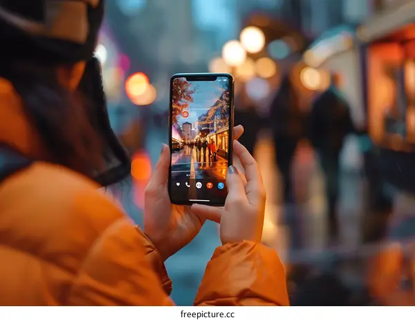 Woman Holding Phone With City Lights In Background