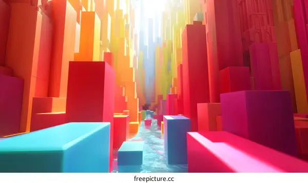 A river running through a city of colorful buildings