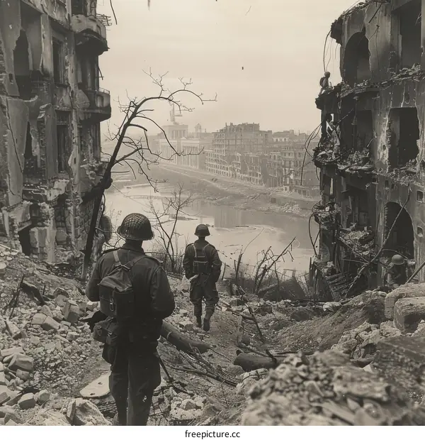 Two soldiers walking through a destroyed city during World War II