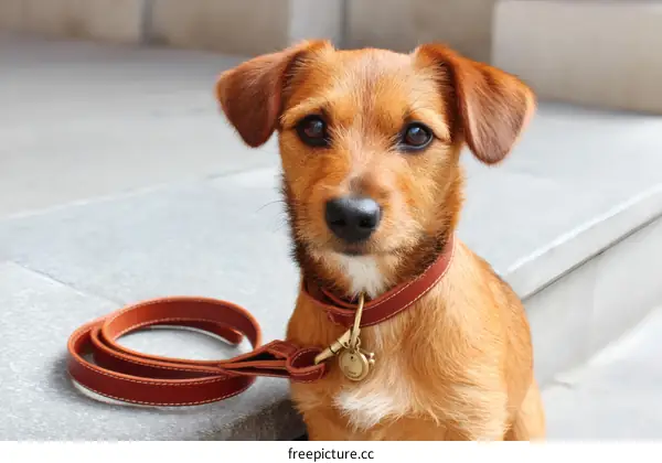 Cute Puppy with Brown Leather Leash on a Step