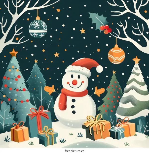 Snowy Christmas Night with a Snowman