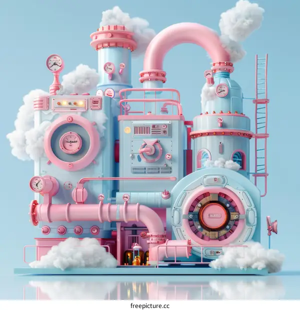 Whimsical 3D rendering of a pink and blue factory with clouds