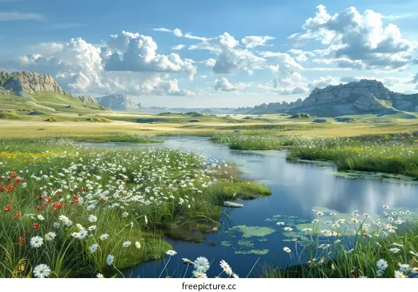 Tranquil River Winding Through Lush Grassland