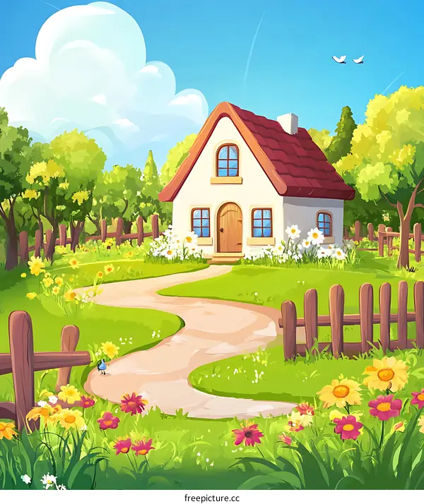 Small White House with Red Roof in a Flower Garden