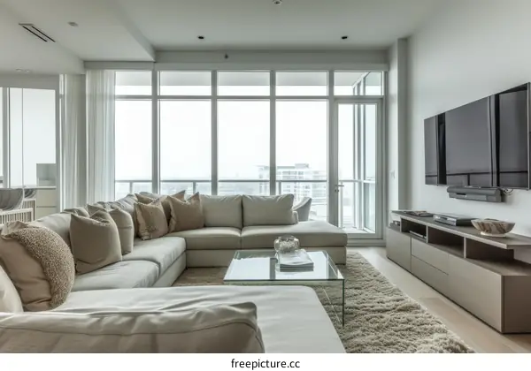 Bright and Airy Living Room With Modern Furnishings and Stunning City Views