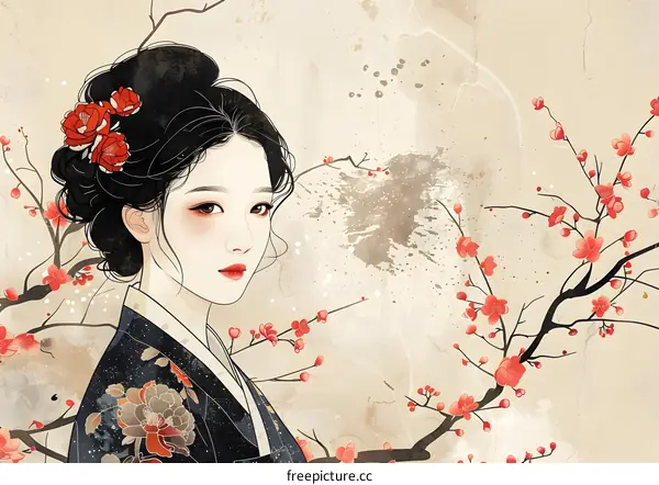 Asian Woman in Traditional Clothing with Cherry Blossoms
