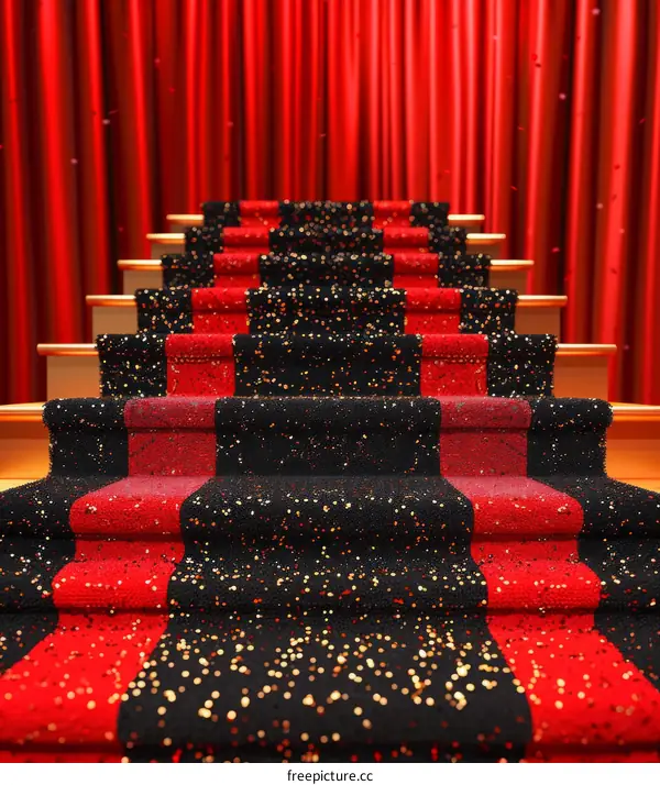 Red Carpet Stairs with Dramatic Red Curtain Background