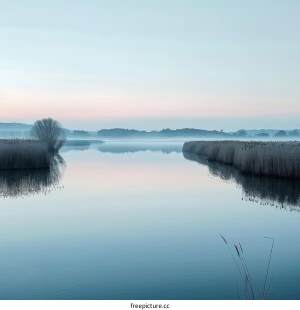 Misty lake at sunrise with reeds in the foreground