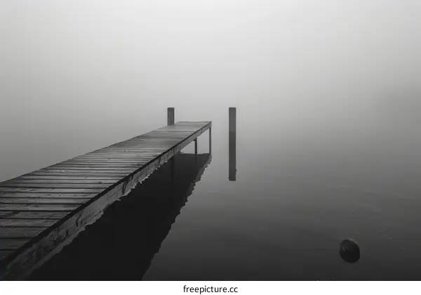 Foggy Serenity: Wooden Dock Extending into Calm Lake
