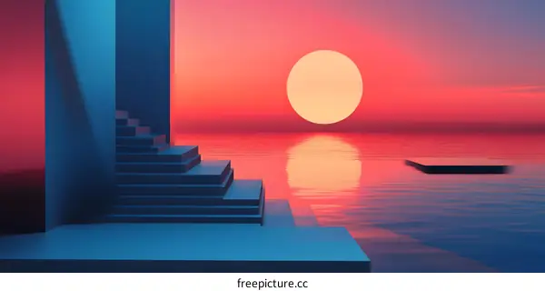 Blue Stairs Sunset Sea Minimalist 3D Illustration