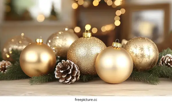 Golden Christmas Ornaments on Wooden Table