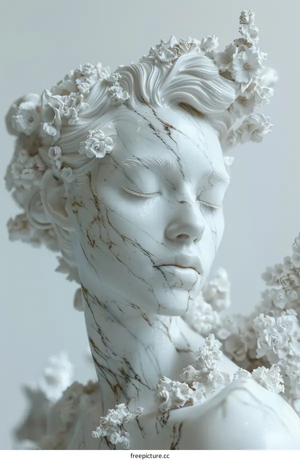 Marble Sculpture of a Woman with Flowers