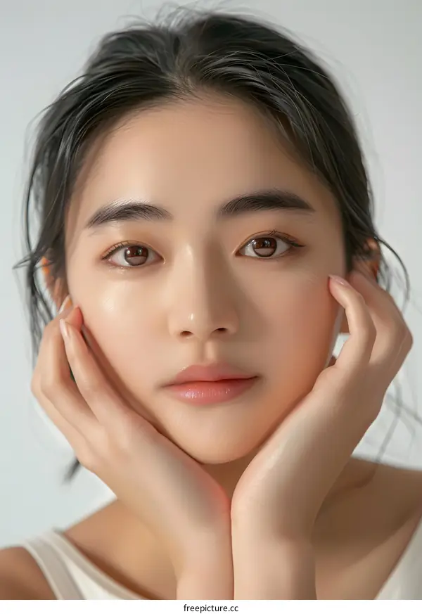 Young Asian Woman with Beautiful Skin and Soft Eyes