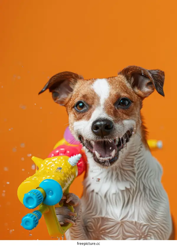 A wet dog holding a water gun