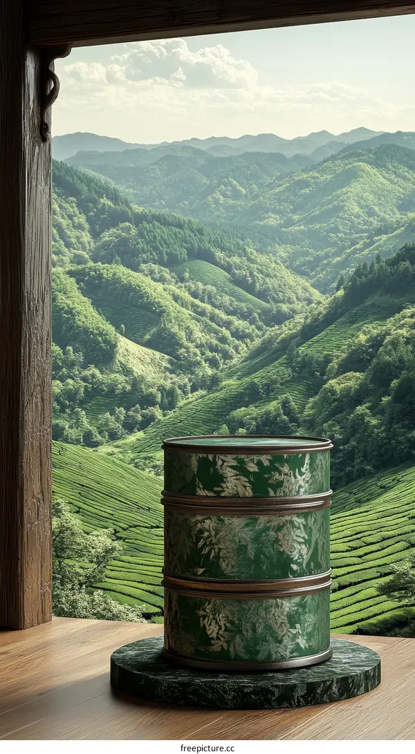 Green Tea Containers with Mountain View