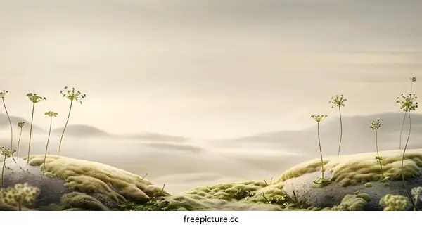 Green Mossy Hills With Plants In Fog