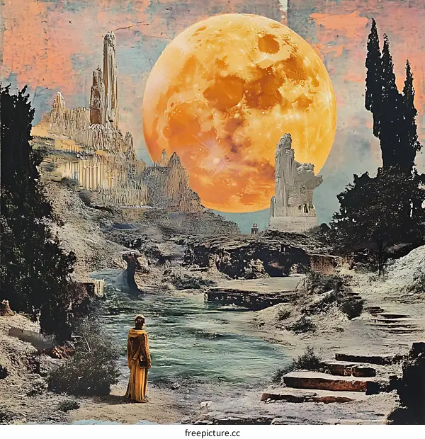 Surreal Landscape with a Woman and a Giant Moon