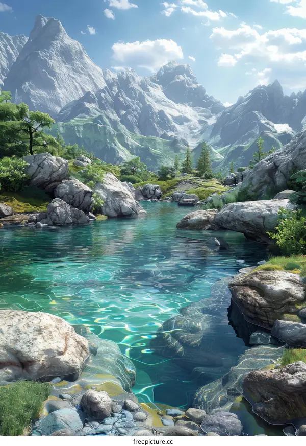 Tranquil Nature Scene with Mountains, Lake, and Rocks
