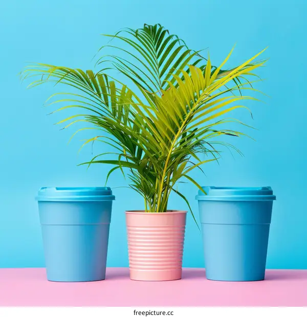 Blue and Pink Still Life with a Potted Palm Tree