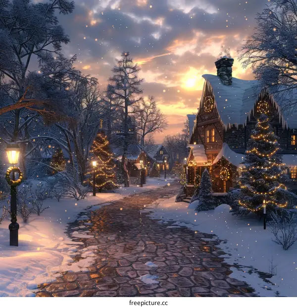 A Snowy Village Street at Christmas Time