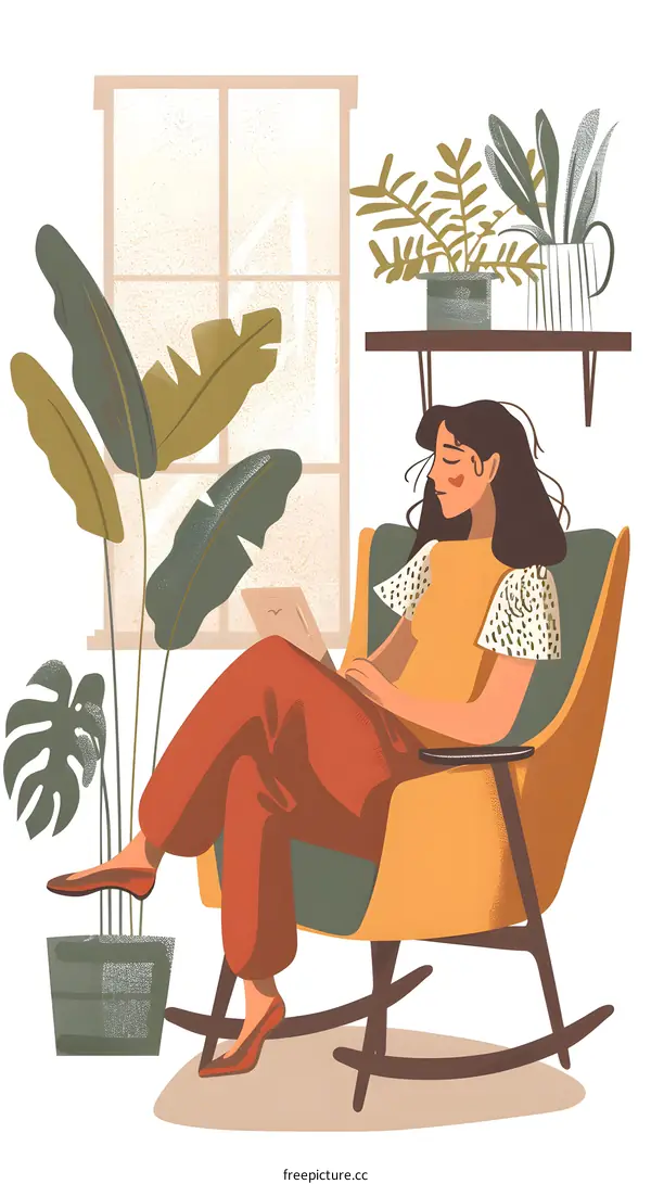 Woman Relaxing in Rocking Chair with Plants